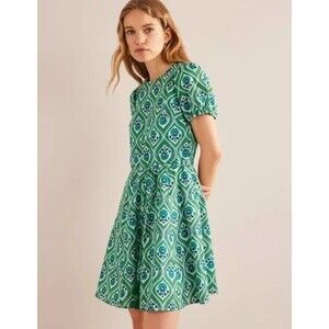 Boden Green/Blue Medallion Pattern Dress Size 14 Short Sleeve Knee Length Cotton